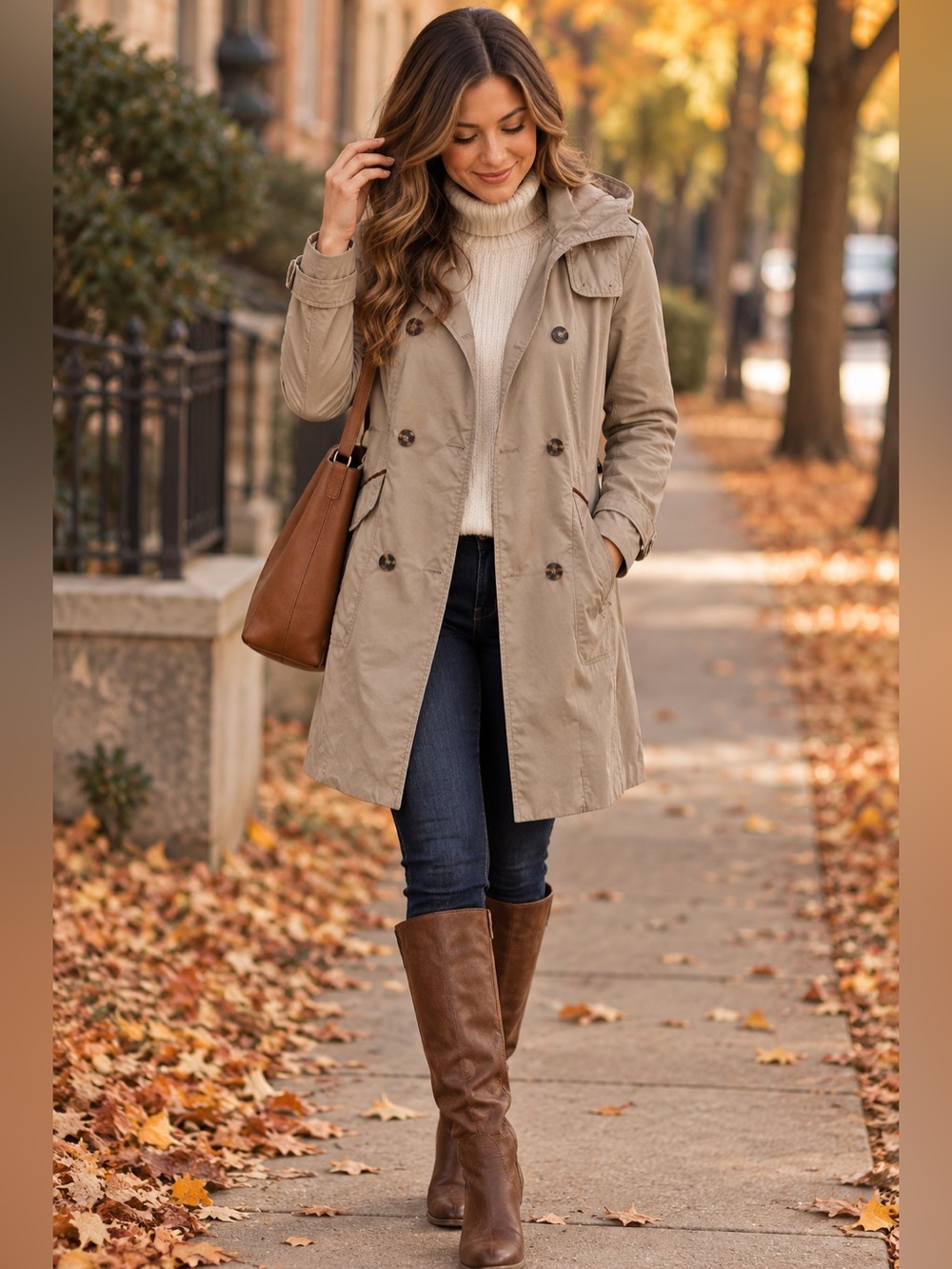 Zara Hooded Double-Breasted Trench Coat - Taupe